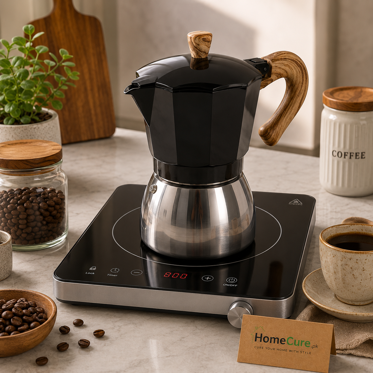 Premium Italian Style Moka Coffee Pot with Wooden Handle | Stovetop Espresso Maker
