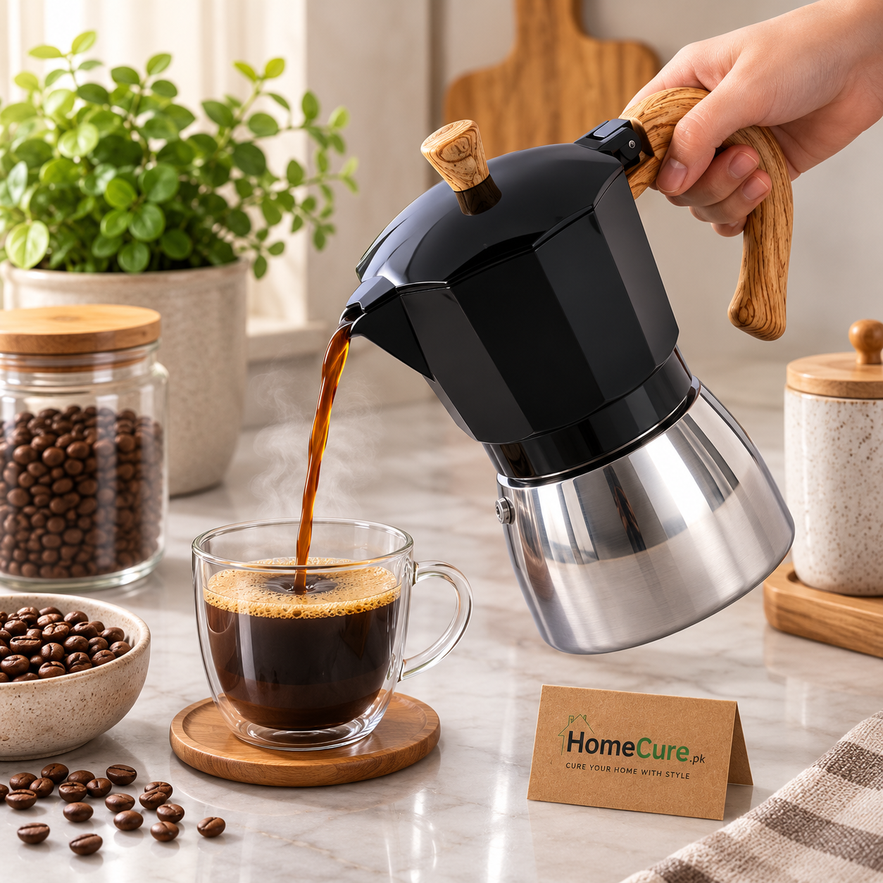 Premium Italian Style Moka Coffee Pot with Wooden Handle | Stovetop Espresso Maker
