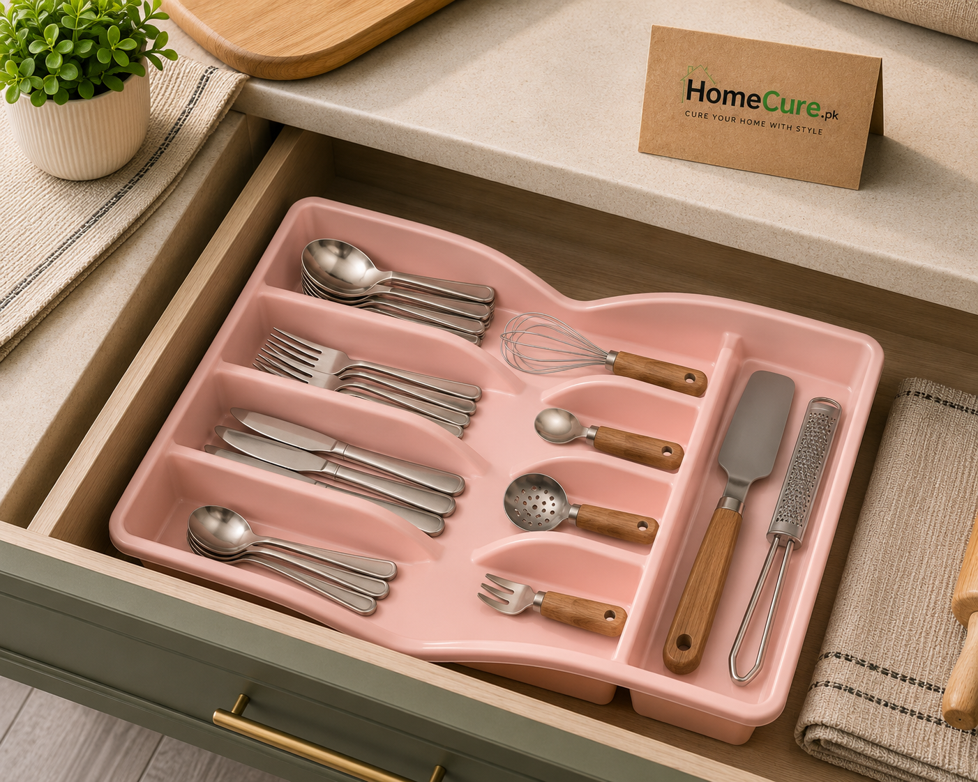 Kitchen Cutlery & Utensil Drawer Organizer Tray | Multi-Compartment Plastic Storage Tray