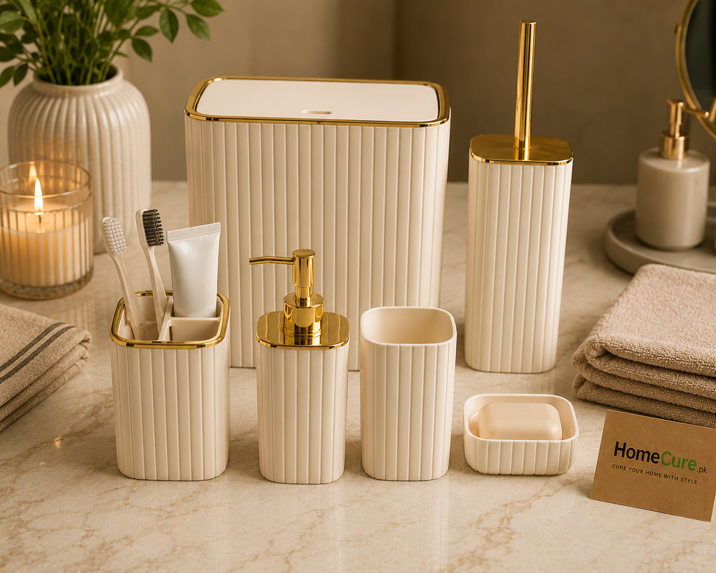 6-Piece Luxury White Bathroom Accessories Set with Gold Trim | Soap Dispenser, Tissue Box, Toilet Brush & Toothbrush Holder