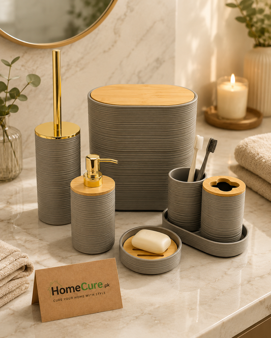 6-Piece Luxury Grey Bathroom Accessories Set with Bamboo Lids | Soap Dispenser, Tissue Box, Toothbrush Holder & Toilet Brush