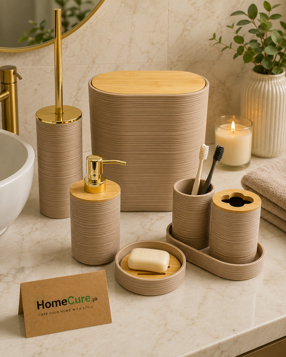 6-Piece Premium Bathroom Accessories Set with Bamboo Lids | Soap Dispenser, Toothbrush Holder, Tissue Box & Toilet Brush