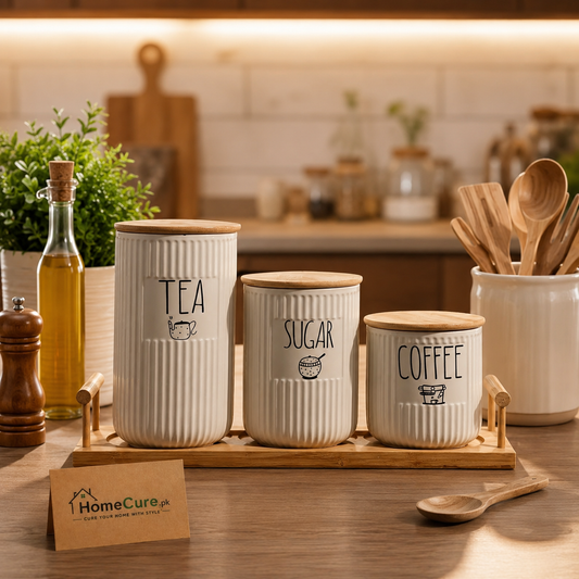3-Piece Ceramic Tea, Coffee & Sugar Storage Jar Set with Bamboo Lids & Tray