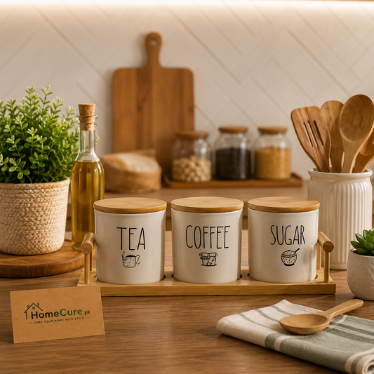 3-Piece Ceramic Tea, Coffee & Sugar Storage Jar Set with Bamboo Tray