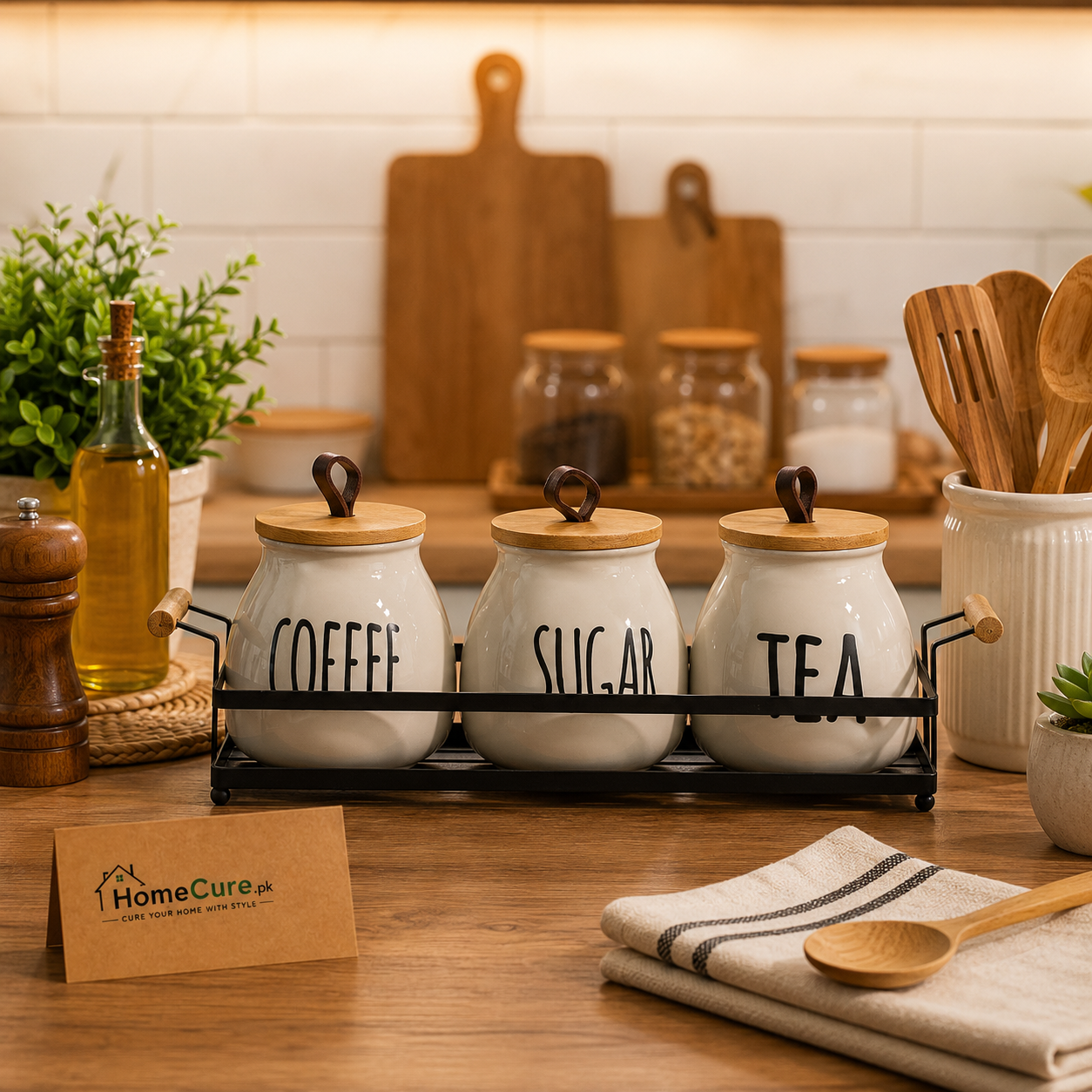 Premium 3-Piece Ceramic Tea, Coffee & Sugar Canister Set with Wooden Lids and Metal Stand