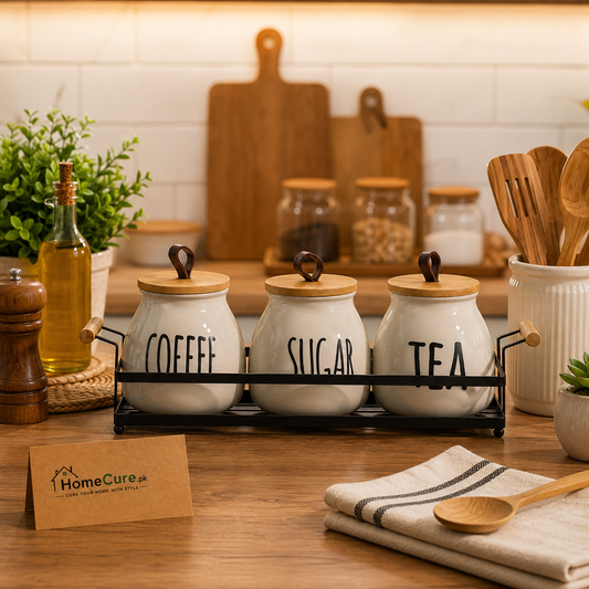 Premium 3-Piece Ceramic Tea, Coffee & Sugar Canister Set with Wooden Lids and Metal Stand