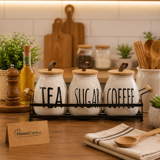 Premium 3-Piece Ceramic Tea, Coffee & Sugar Canister Set with Wooden Lids and Metal Tray