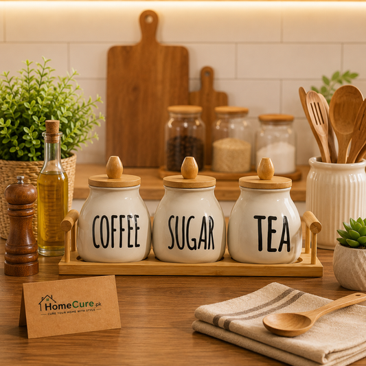 3-Piece Ceramic Tea, Coffee & Sugar Storage Canister Set with Bamboo Tray