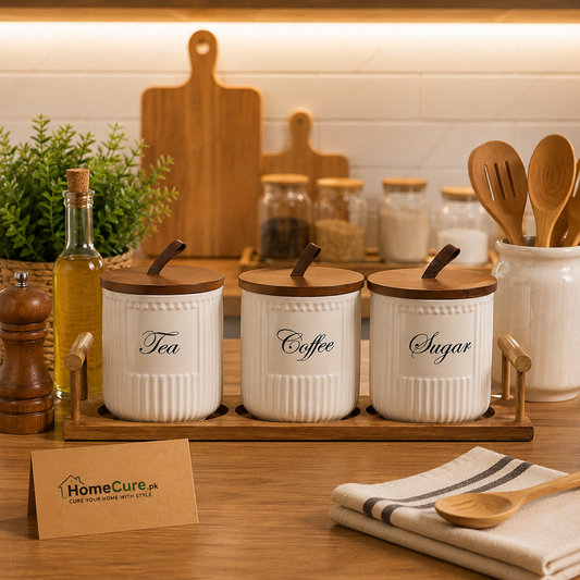 3-Piece Ceramic Tea, Coffee & Sugar Storage Jar Set with Bamboo Lids & Tray