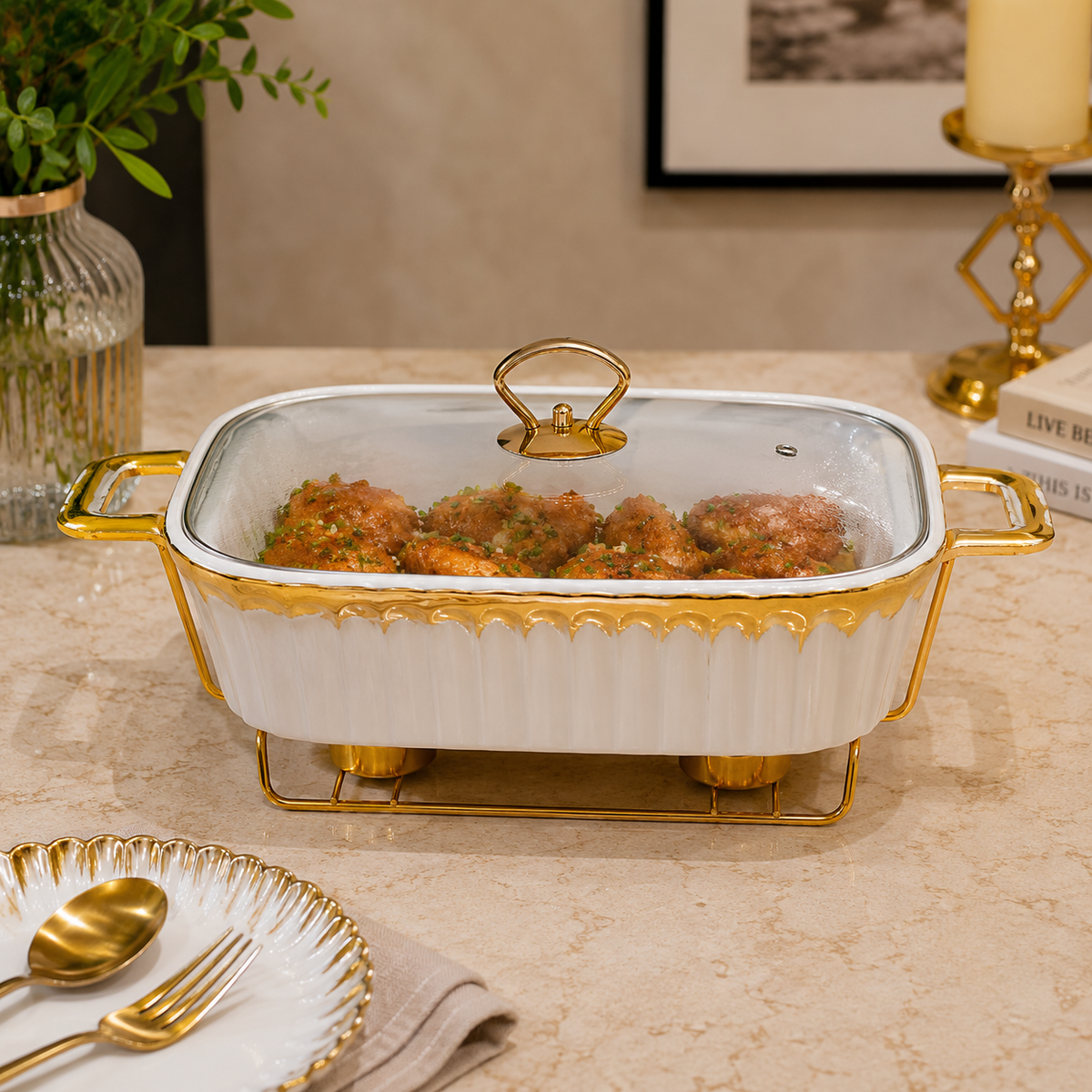 Brilliant Gold Trim Casserole with Glass Lid