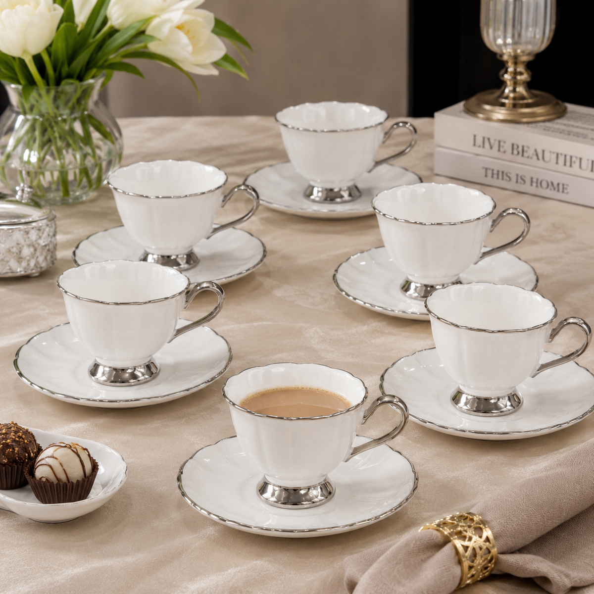 Brilliant Silver Rim Tea Cup & Saucer Set – 6 Pieces
