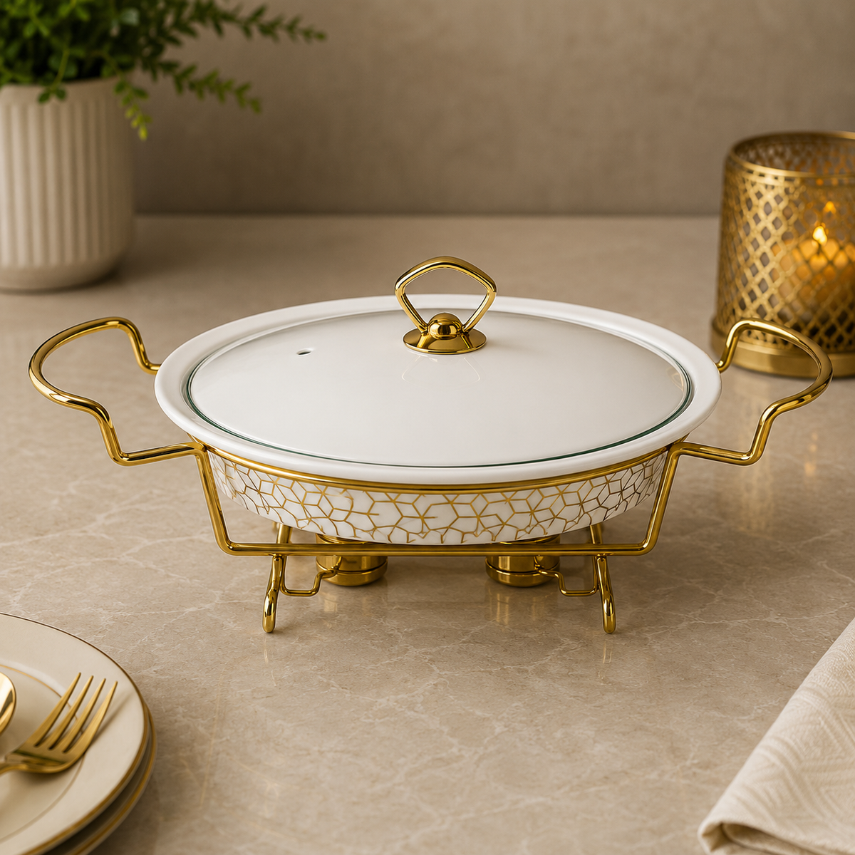Brilliant Golden Harmony 11" Ceramic Casserole with Metal Stand