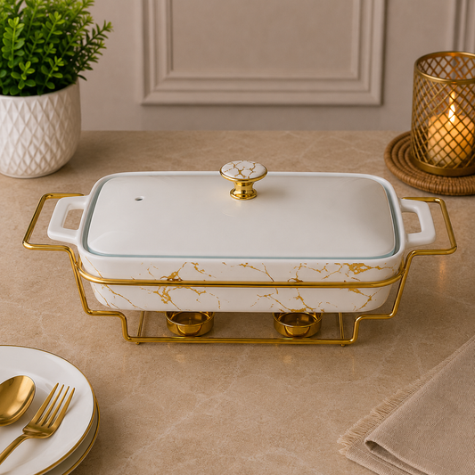 Brilliant Marble Prestige 14.5" Rectangular Ceramic Casserole with Metal Candle Stand