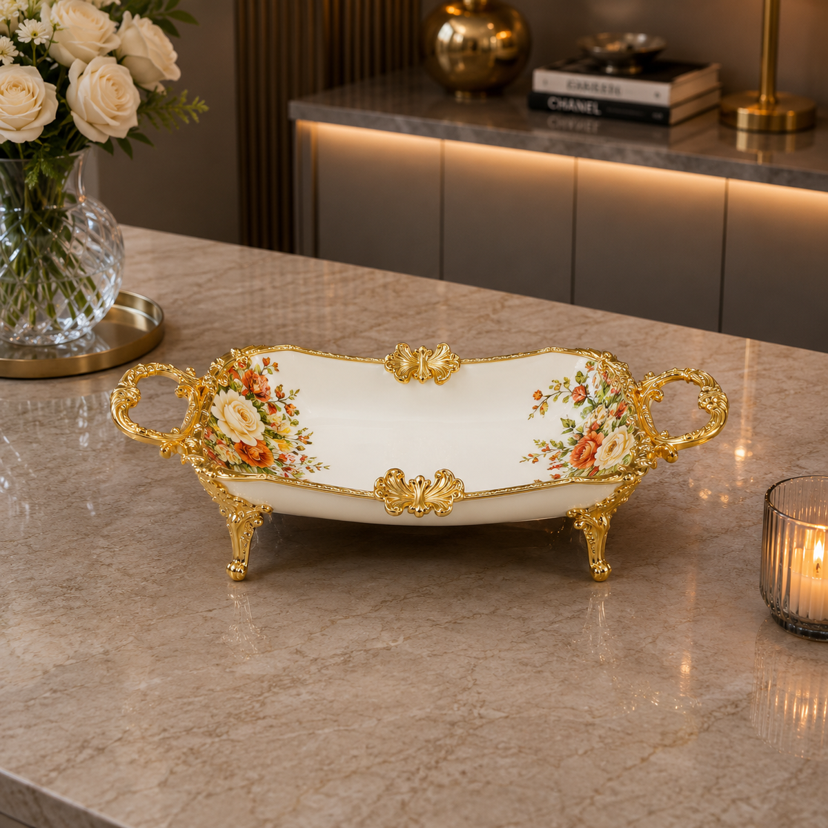 Brilliant Royal Blossom Gold Rectangle Deep Tray – 34x17x11cm