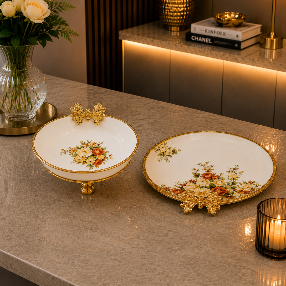 Brilliant Royal Blossom Gold Bowl and Tray – 16x18cm