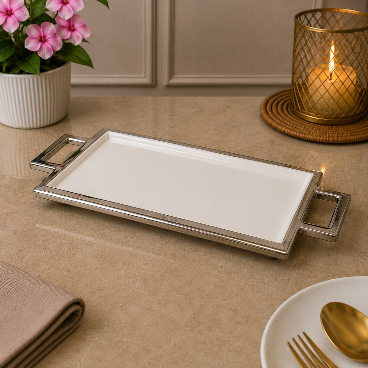 Brilliant Silver Edge 11" Ceramic 2-Handle Strip Plate