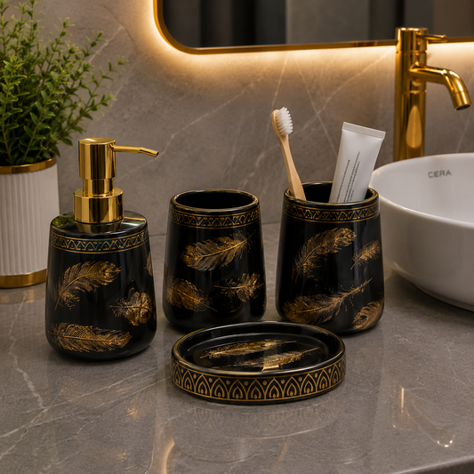 Brilliant Luxury Black Gold Leaf Bathroom Accessory Set