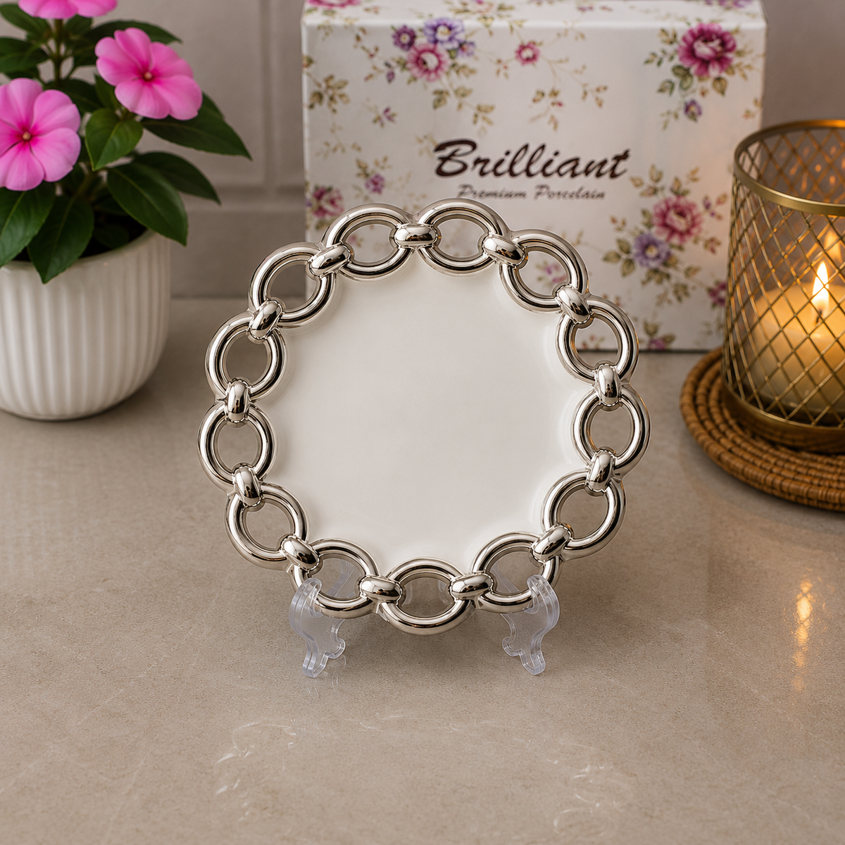 Brilliant Silver Circle Charm 6" Round Ceramic Plate