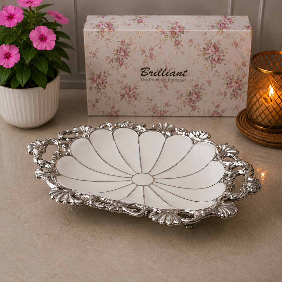 Brilliant Silver Rattan Luxe 10.25" Rectangular Ceramic Bowl