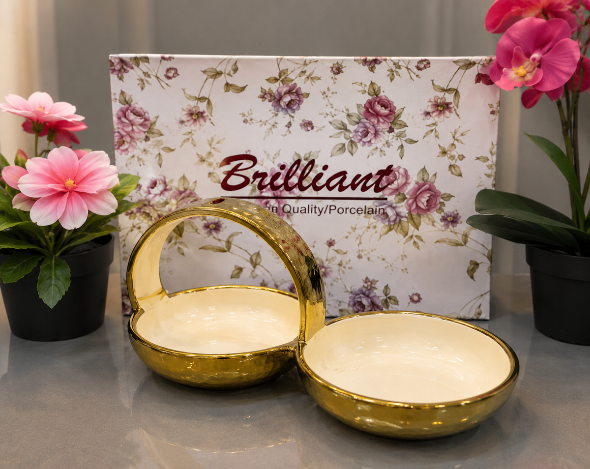 Brilliant Golden Aura 10.5" Ceramic Snack Bowl Set with Ceramic Handle