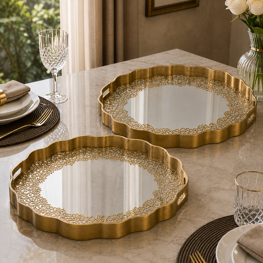 Angela Luxury Gold Floral Cutwork Metal Serving Tray Set