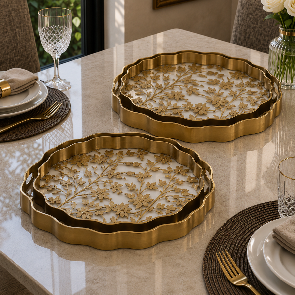 Angela Luxury Gold Floral Cutwork Metal Serving Tray Set