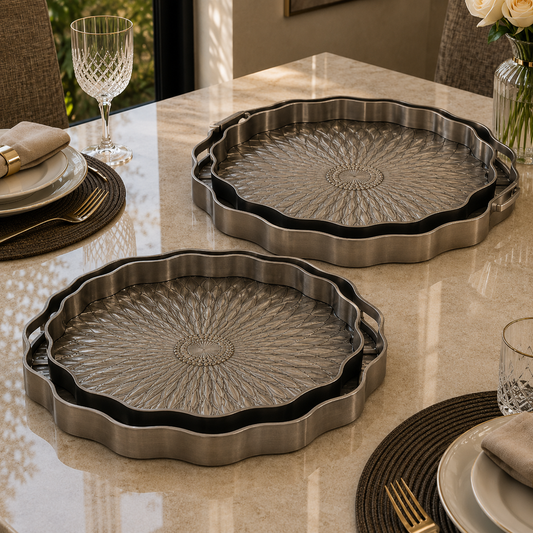 Angela Elegant Silver Embossed Metal Serving Tray Set