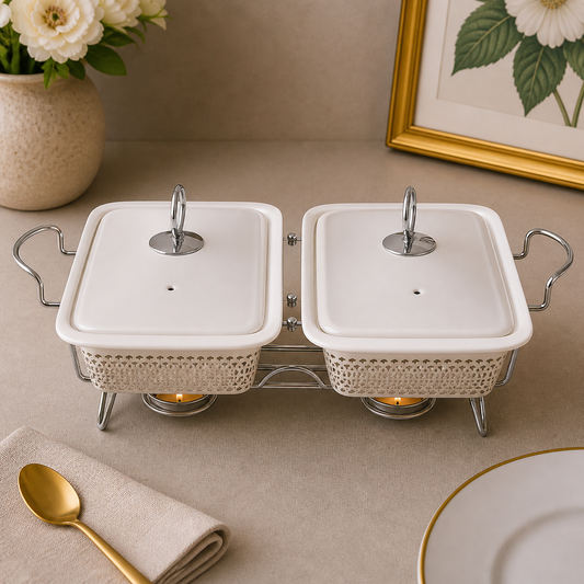 Brilliant 10-Inch Twin Rectangular Ceramic Chafing Dish with Metal Candle Stand