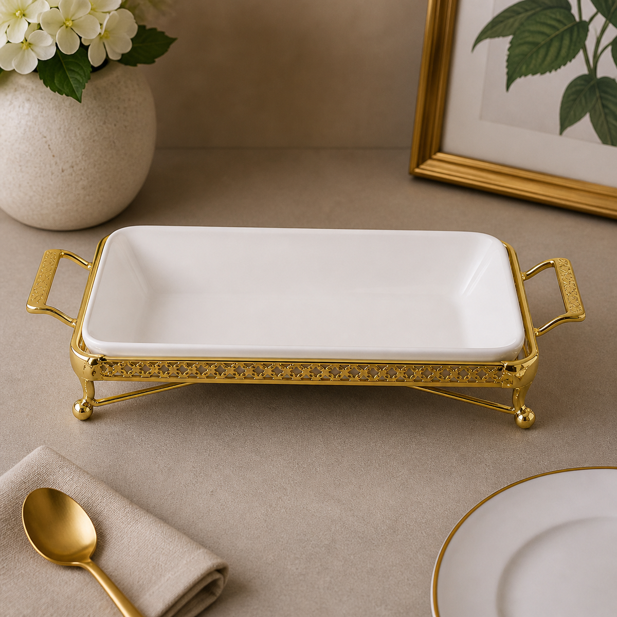 Brilliant 10-Inch Twin Rectangular Ceramic Serving Dish with Decorative Gold Metal Stand