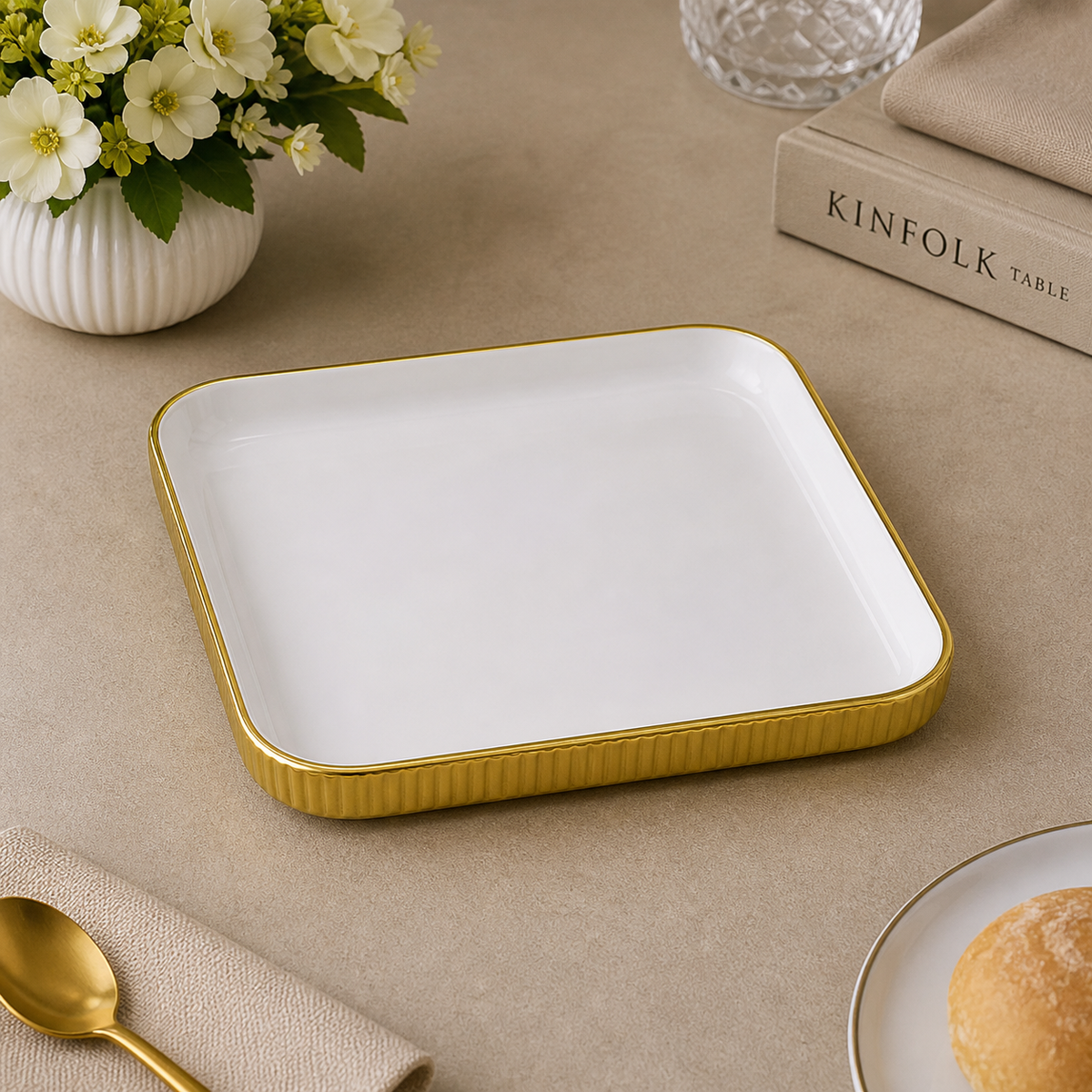 Brilliant 8-Inch Square Ceramic Serving Plate with Gold Metal Finish