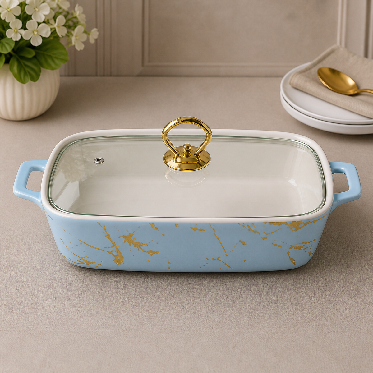 Brilliant 12-Inch Rectangular Ceramic Casserole Dish with Glass Lid