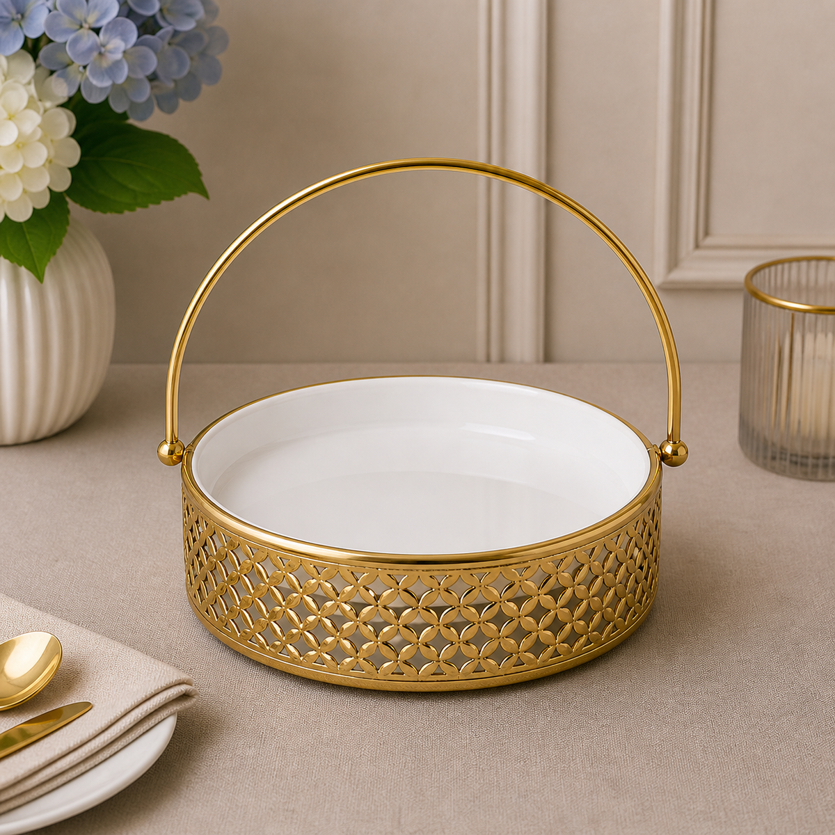 Brilliant 10-Inch Round Ceramic Serving Plate with Gold Metal Basket Stand