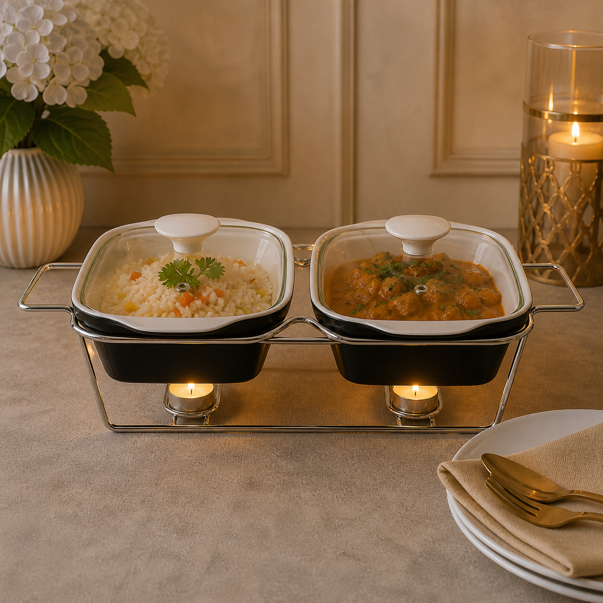 Brilliant Twin 11-Inch Rectangular Ceramic Chafing Dish with Glass Lids & Metal Candle Stand