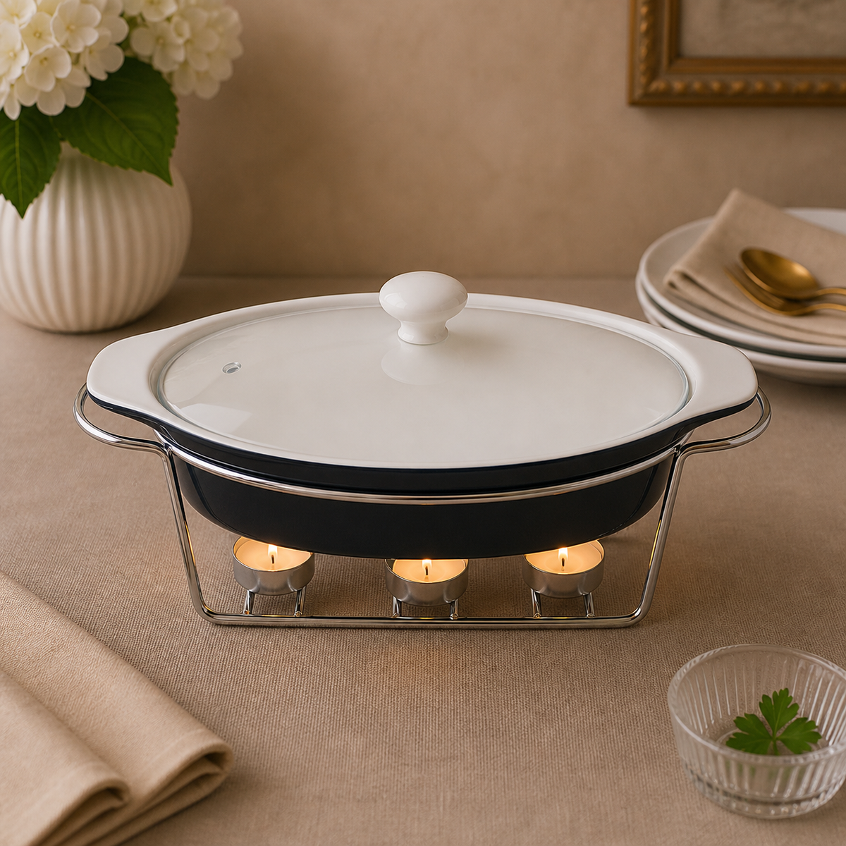 Brilliant 11-Inch Oval Ceramic Chafing Dish with Glass Lid & Metal Candle Stand