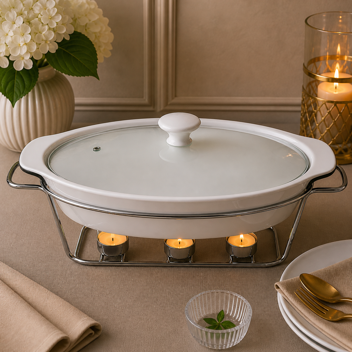 Brilliant 15-Inch Oval Ceramic Chafing Dish with Metal Candle Stand