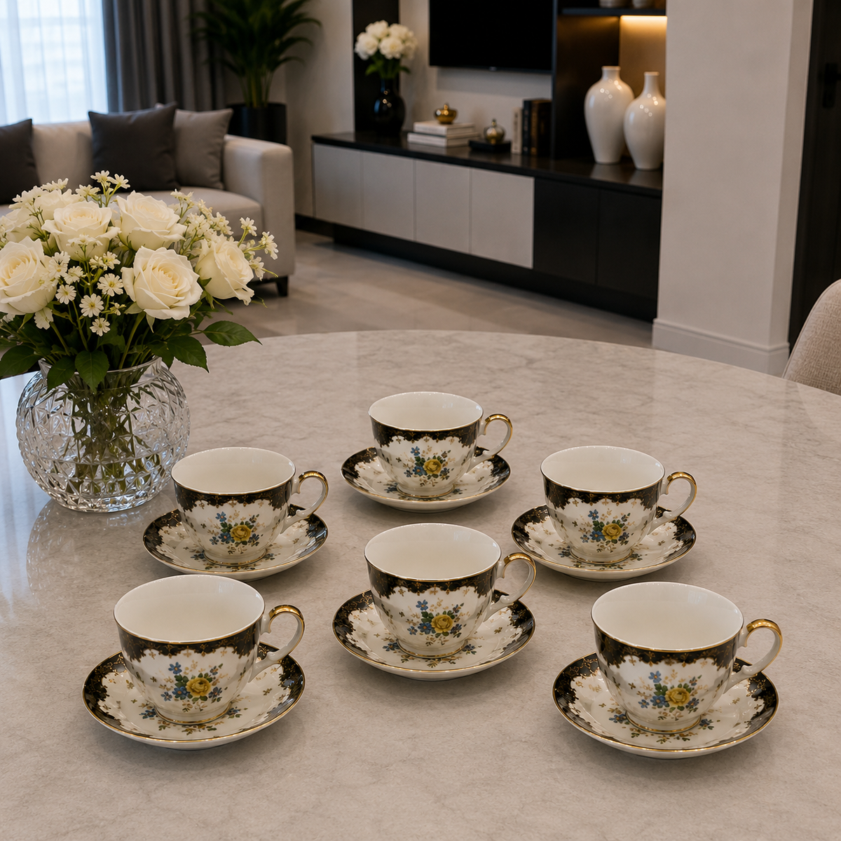 Royal Albert Noir Blossom 12-Piece Cup & Saucer Set