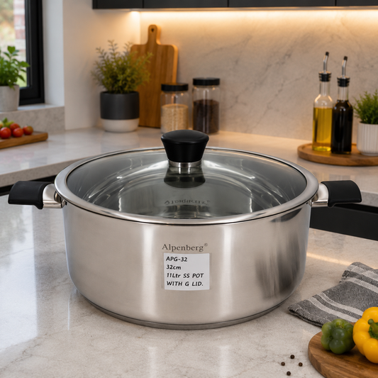 Alpenbery Stainless Steel Pot with Glass Lid - 32cm / 11L