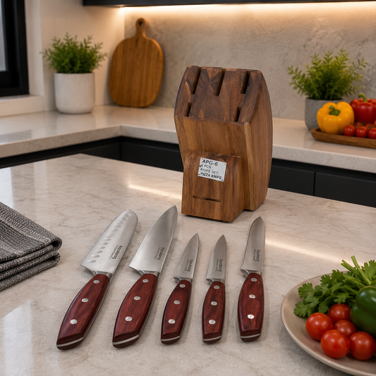 Wooden Knife Set with Wooden Block – Brown - 6 Pieces