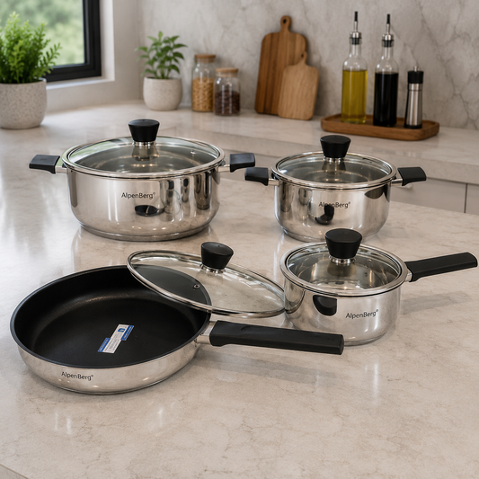 Alpenberg Stainless Steel Cookware Set with Glass Lids - 8 Pieces