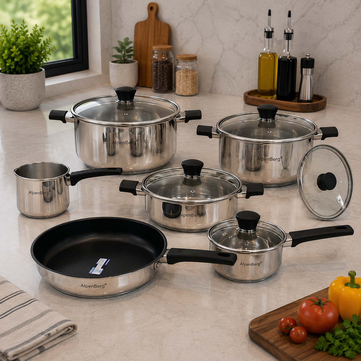 Alpenberg Stainless Steel Cookware Set with Glass Lids - 10 Pieces