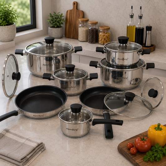 Alpenberg Stainless Steel Cookware Set with Glass Lids -  12 Pieces