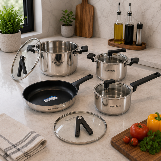 Alpenberg Stainless Steel Cookware Set with Glass Lids -  8 Pieces