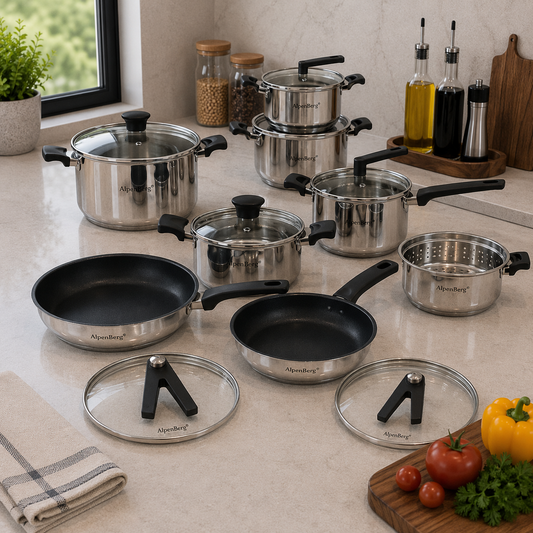Alpenberg Stainless Steel Cookware Set with Glass Lids - 12 Pieces