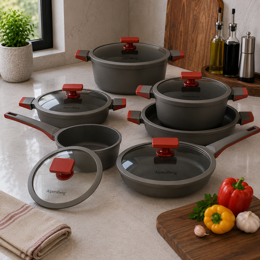 Alpenberg Non-Stick Cookware Set with Glass Lids - 12 Pieces