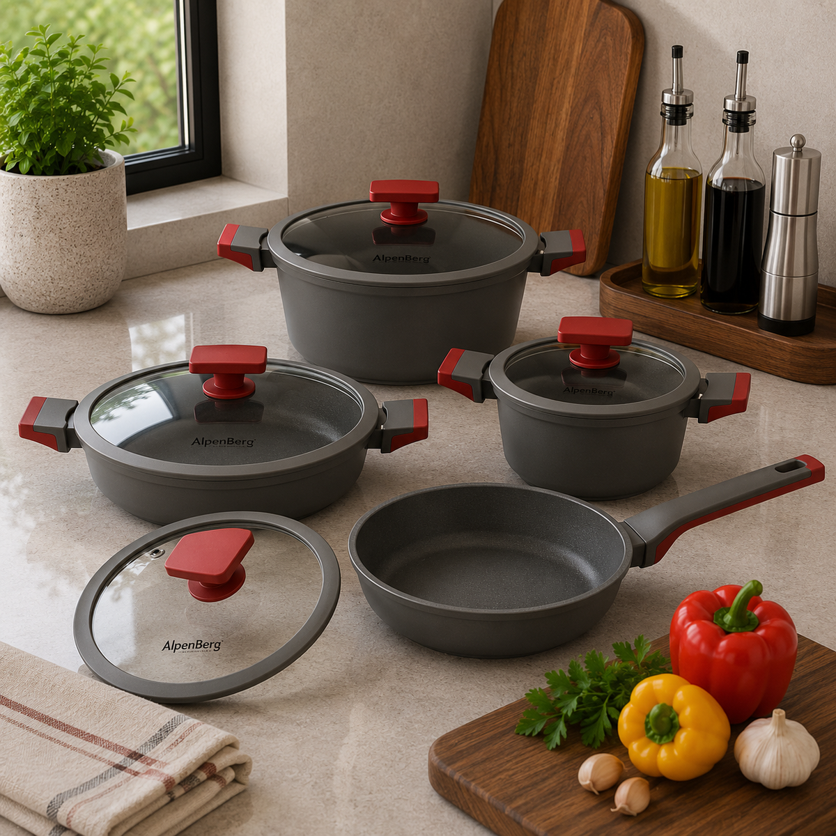 Alpenberg Non-Stick Cookware Set with Glass Lids -  8 Pieces