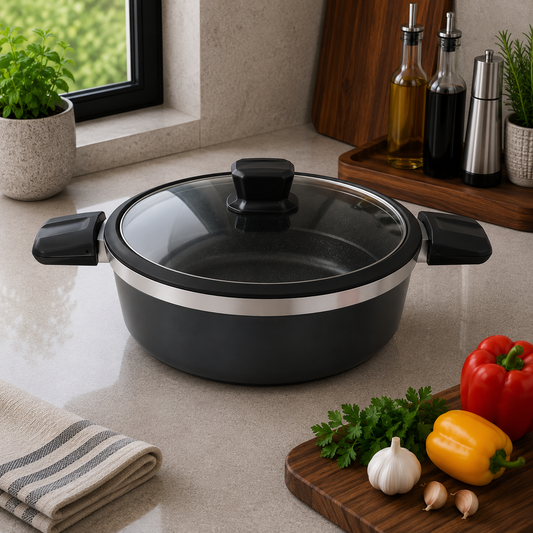 Alpenberg Pot Black/Silver with Glass Lid - 32cm