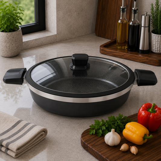 Alpenberg Karahi Black/Silver with Glass Lid - 34cm