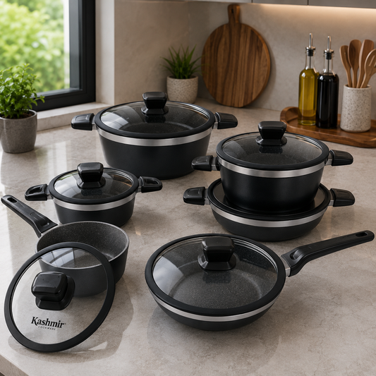 Alpenberg Cookware Set Black/Silver with Glass Lids - 12 Pieces