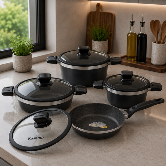 Alpenberg Cookware Set Black/Silver with Glass Lids - 8 Pieces