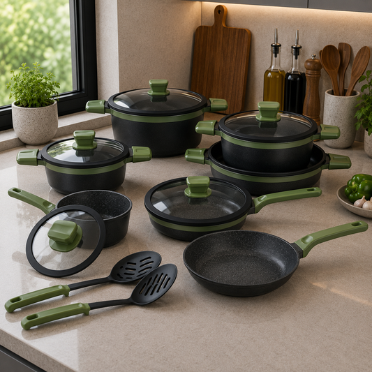 Alpenberg Cookware Set Black/Green with Glass Lids - 12 Pieces